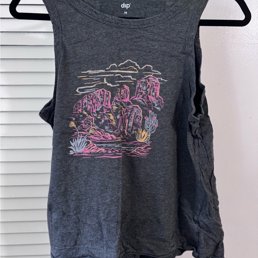 dip Charcoal Tank with Pink & Yellow Desert Illustration